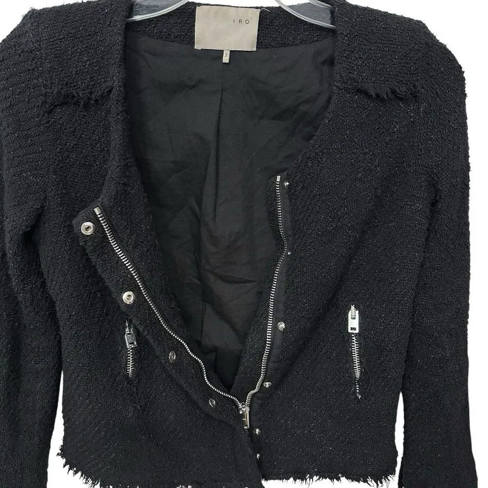 IRO Agneta Black Boucle Tweed Knit‎ Jacket Size 2 Full Zip Pockets